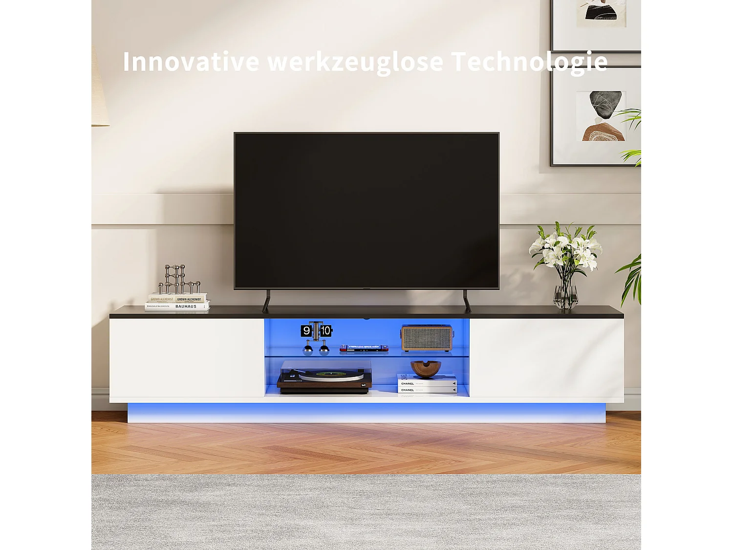 Meuble TV avec éclairage LED et 2 portes - supporte les téléviseurs jusqu'à 60 pouces - 140 x 32 x 42 cm