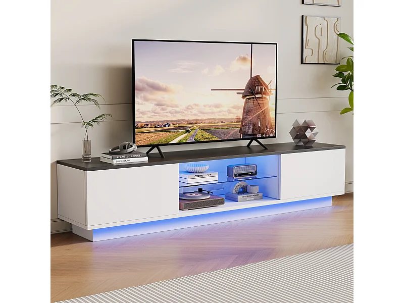 Meuble TV avec éclairage LED et 2 portes - supporte les téléviseurs jusqu'à 60 pouces - 140 x 32 x 42 cm