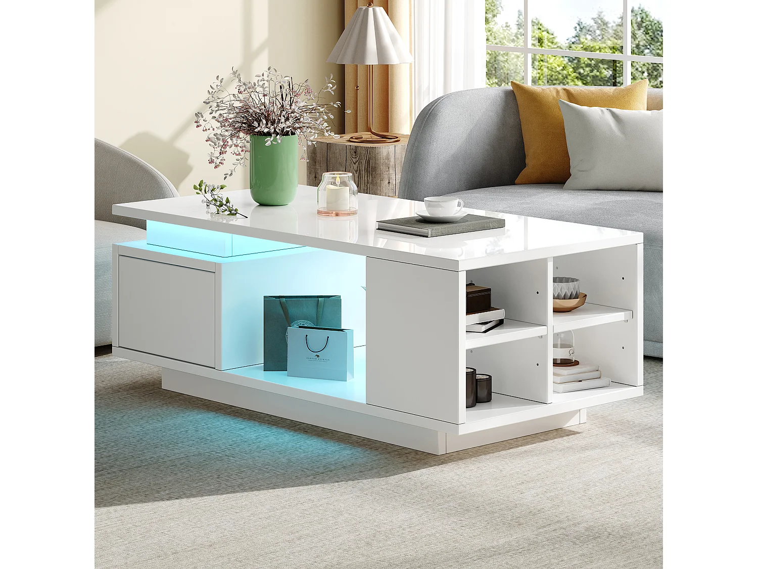 Table basse laquée - 100 x 50 x 36 cm - avec tiroir + Leds + 4 compartiments de rangement - aggloméré - blanc