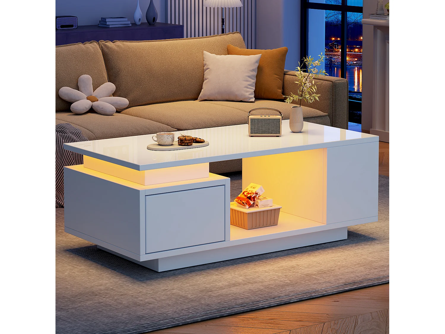Table basse laquée - 100 x 50 x 36 cm - avec tiroir + Leds + 4 compartiments de rangement - aggloméré - blanc