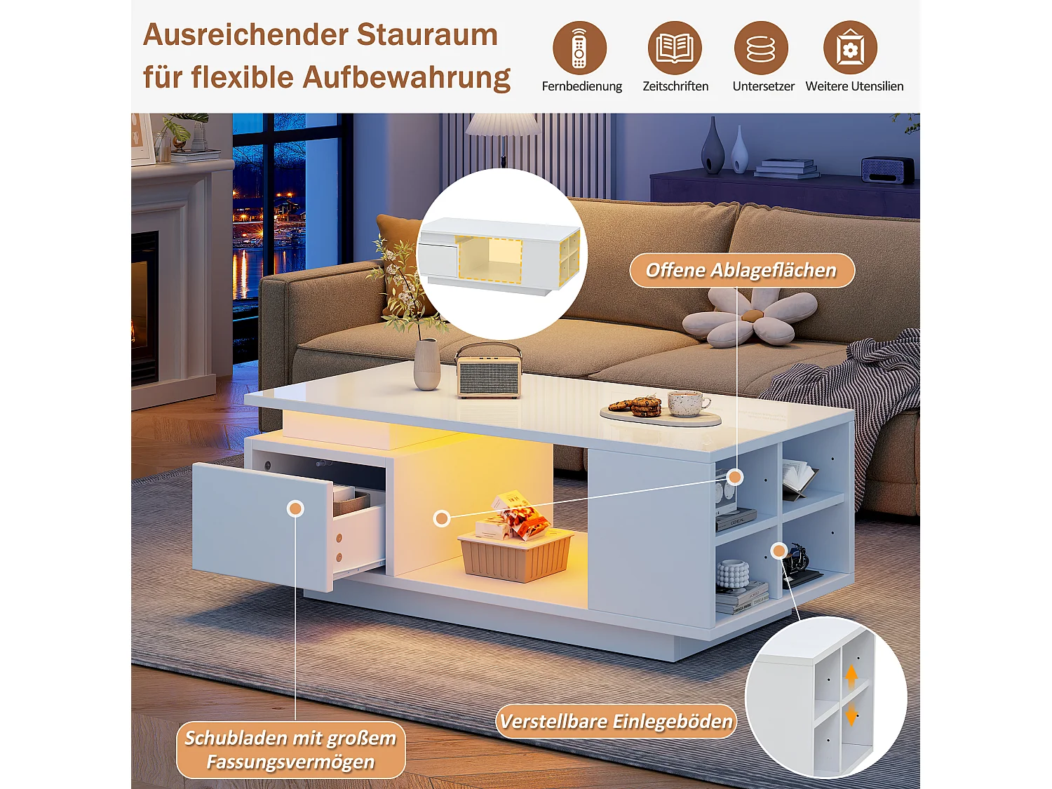 Table basse laquée - 100 x 50 x 36 cm - avec tiroir + Leds + 4 compartiments de rangement - aggloméré - blanc