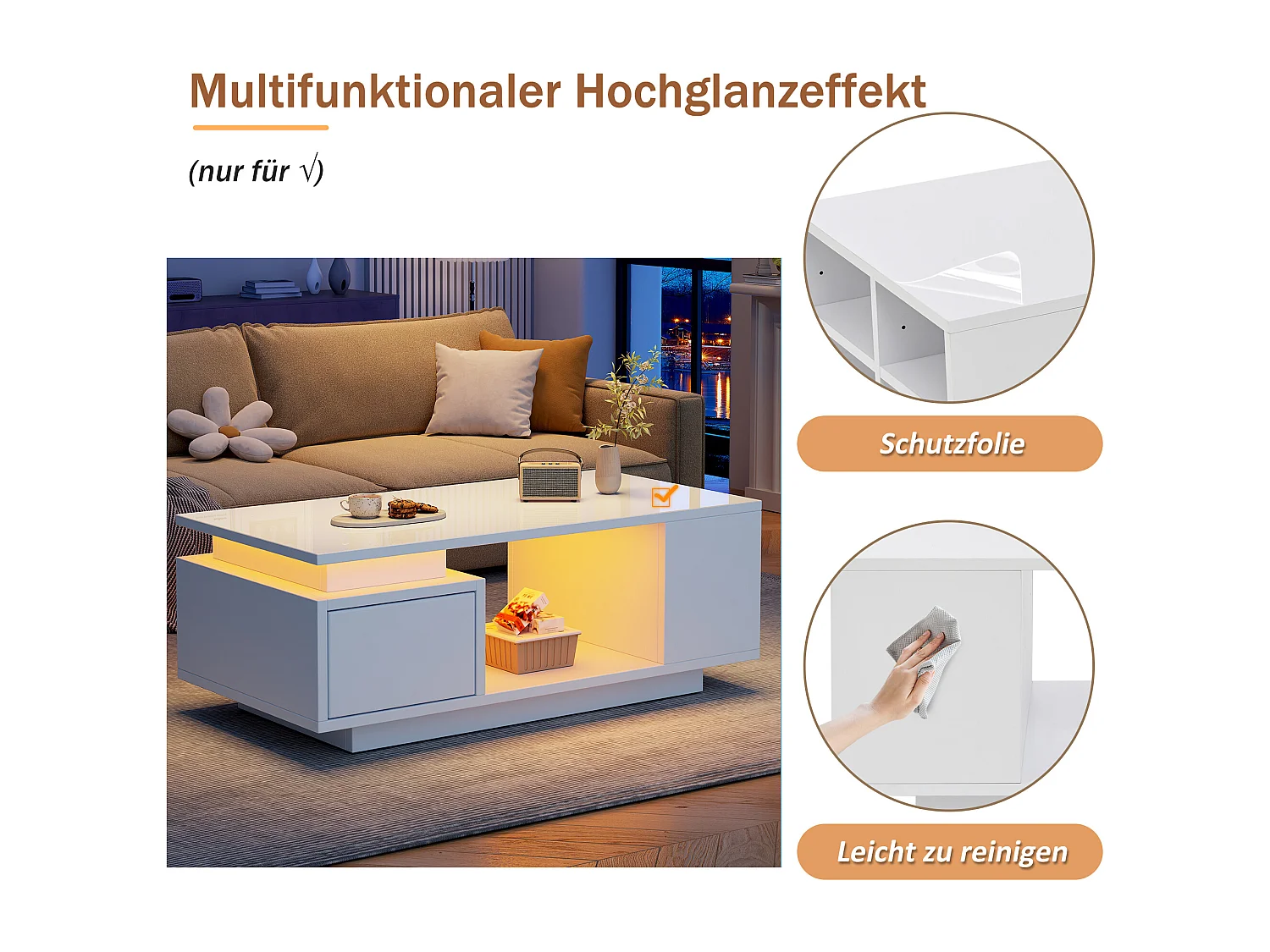 Table basse laquée - 100 x 50 x 36 cm - avec tiroir + Leds + 4 compartiments de rangement - aggloméré - blanc