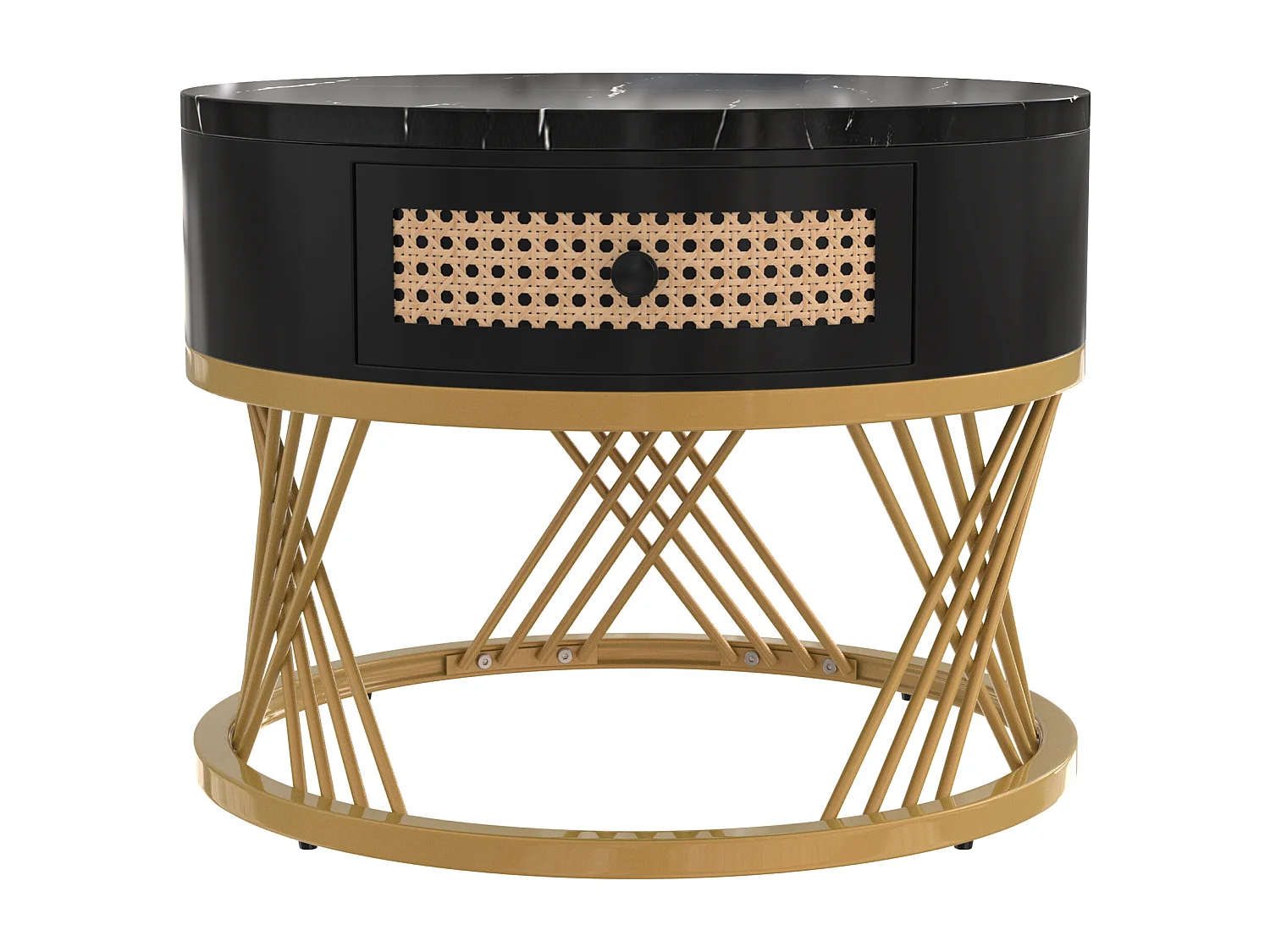 Table basse gigogne ronde avec tiroir - Motif marbre noir - Pieds en métal doré