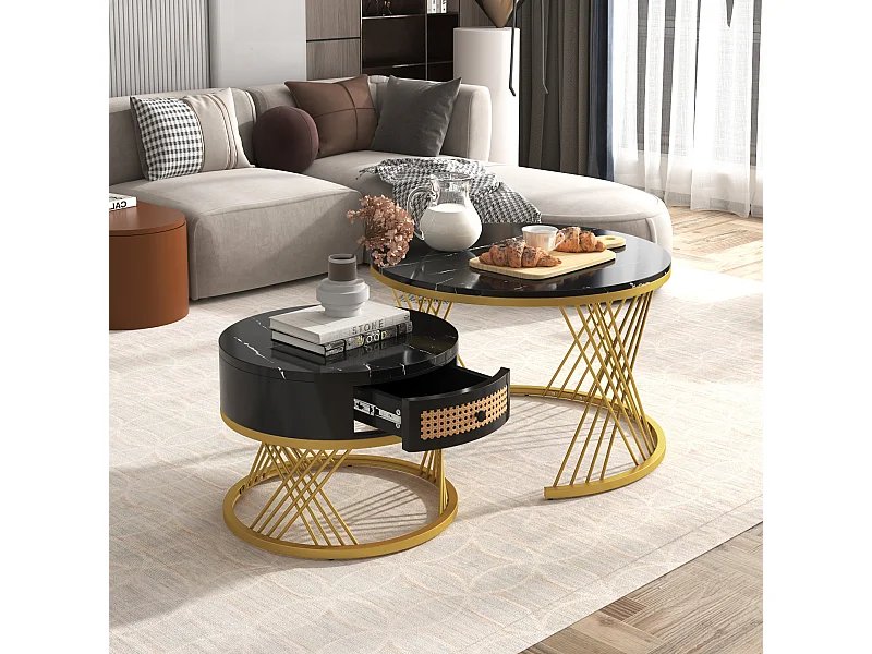 Table basse gigogne ronde avec tiroir - Motif marbre noir - Pieds en métal doré