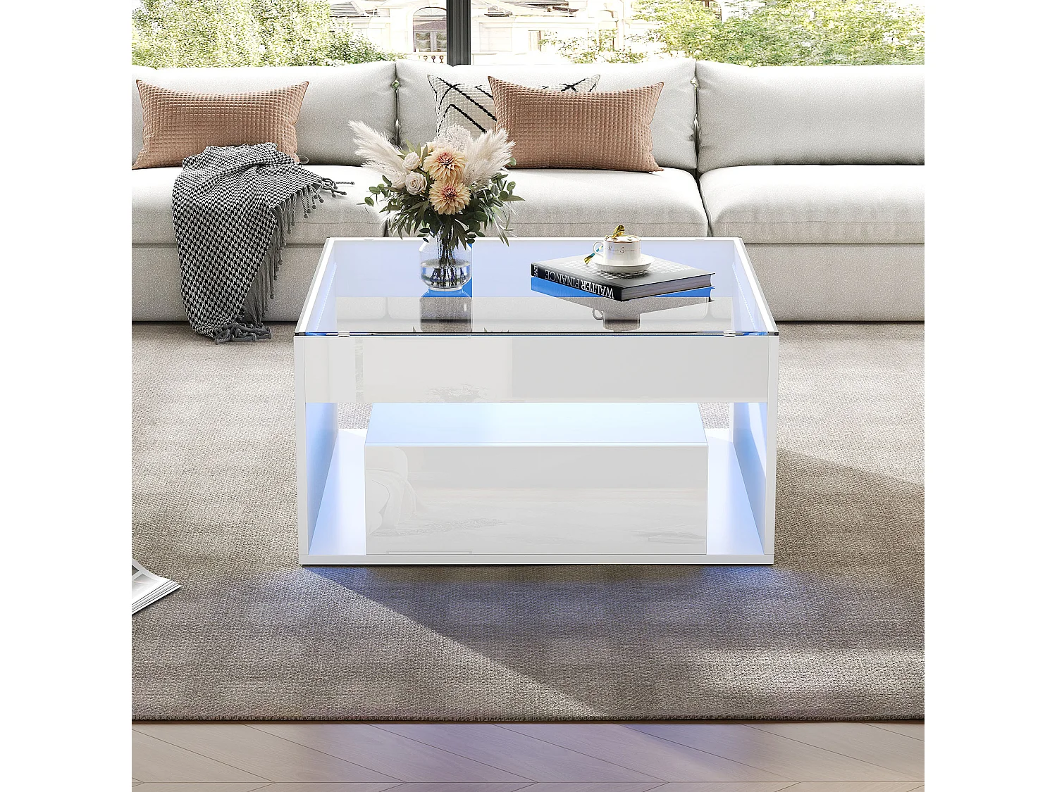 Glänzender Couchtisch 70x70x35 cm - Mit LED-Beleuchtung - 1 Schublade - Offenes Ablagefach - Platte aus gehärtetem Glas - MDF - Weiß