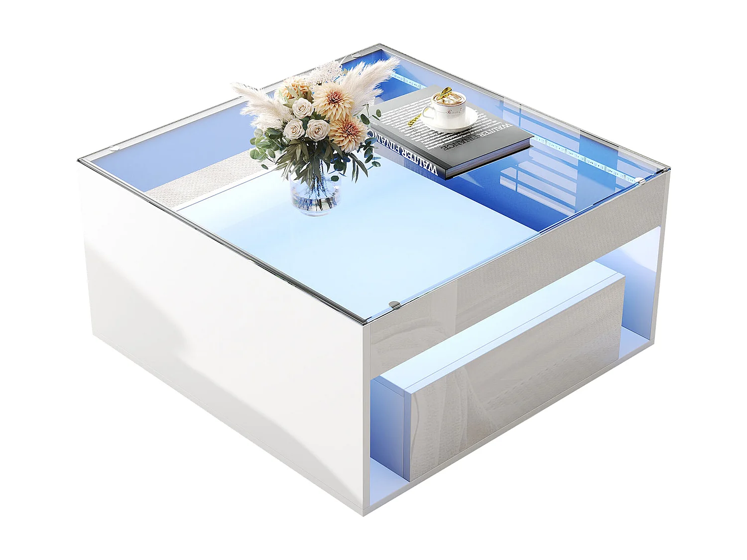 Glänzender Couchtisch 70x70x35 cm - Mit LED-Beleuchtung - 1 Schublade - Offenes Ablagefach - Platte aus gehärtetem Glas - MDF - Weiß