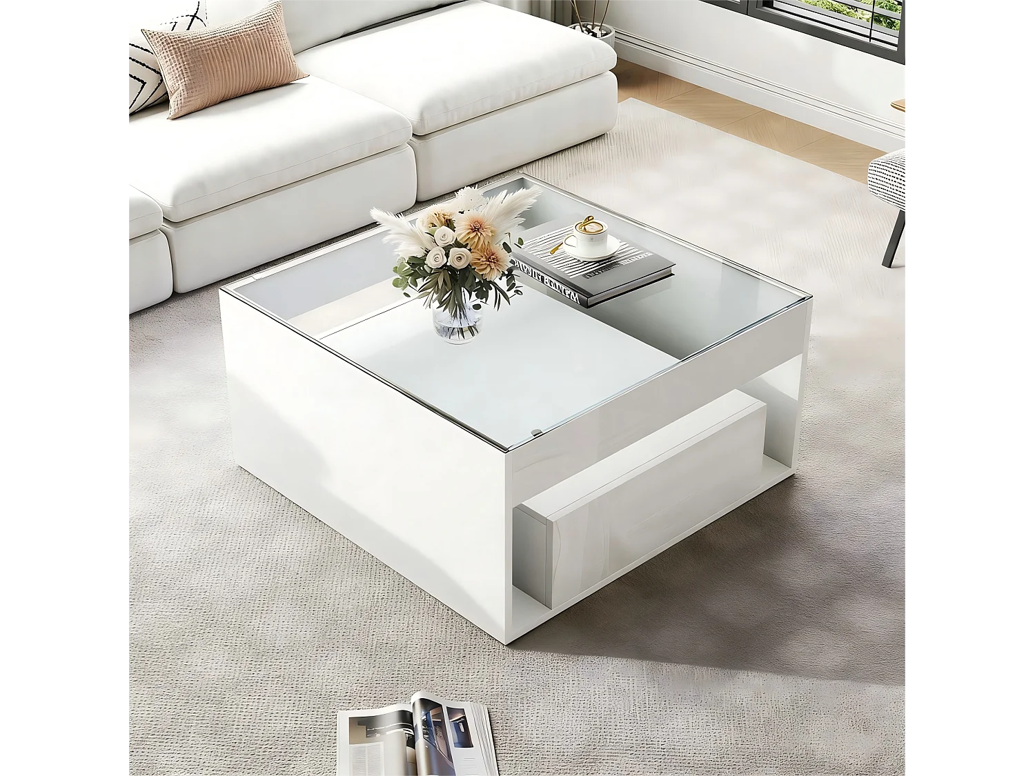 Table basse brillante 70x70x35 cm - Avec éclairage LED - 1 tiroir - Étagère ouverte - Plateau en verre trempé - MDF - Blanc