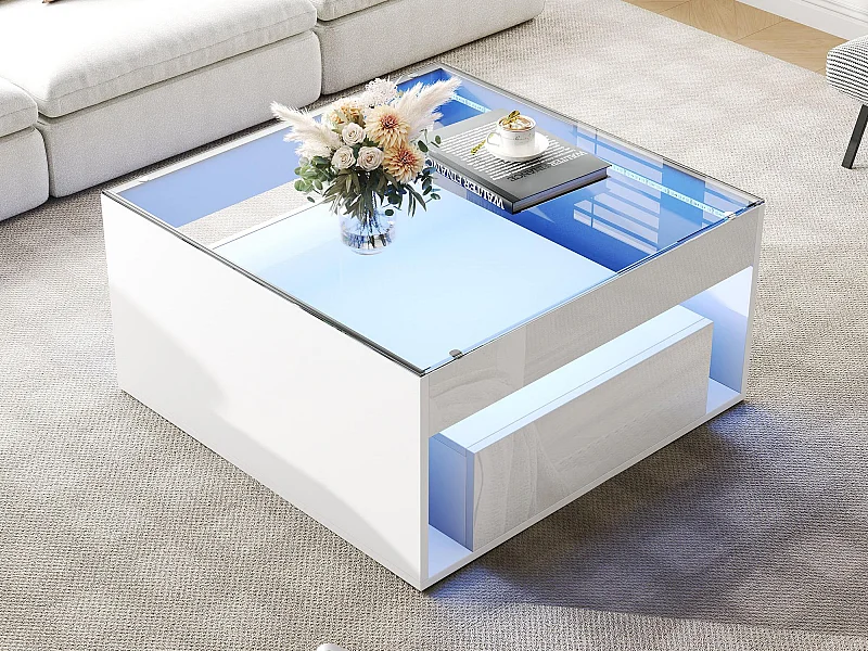 Glänzender Couchtisch 70x70x35 cm - Mit LED-Beleuchtung - 1 Schublade - Offenes Ablagefach - Platte aus gehärtetem Glas - MDF - Weiß
