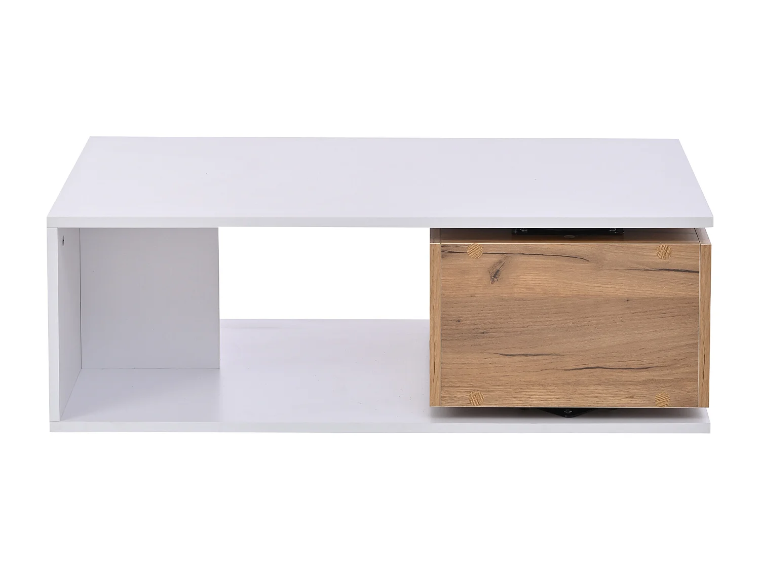 Table basse avec tiroir pivotant- Plateau finition brillante - Blanc et bois