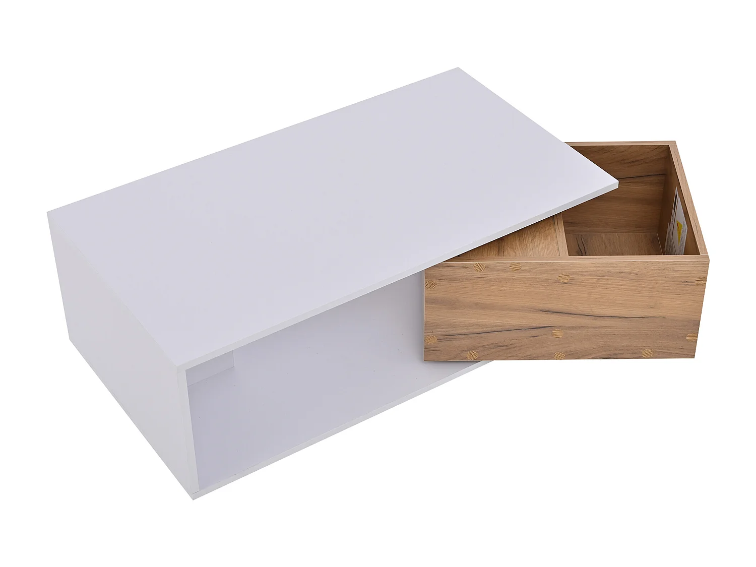 Table basse avec tiroir pivotant- Plateau finition brillante - Blanc et bois