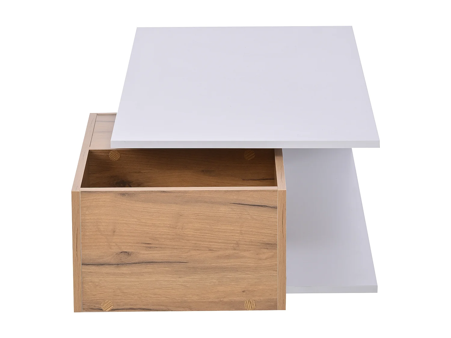 Table basse avec tiroir pivotant- Plateau finition brillante - Blanc et bois