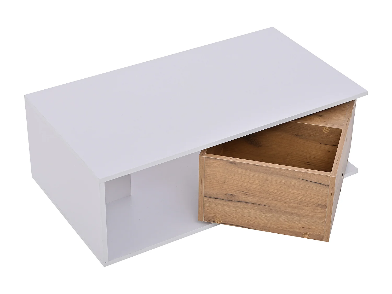 Table basse avec tiroir pivotant- Plateau finition brillante - Blanc et bois