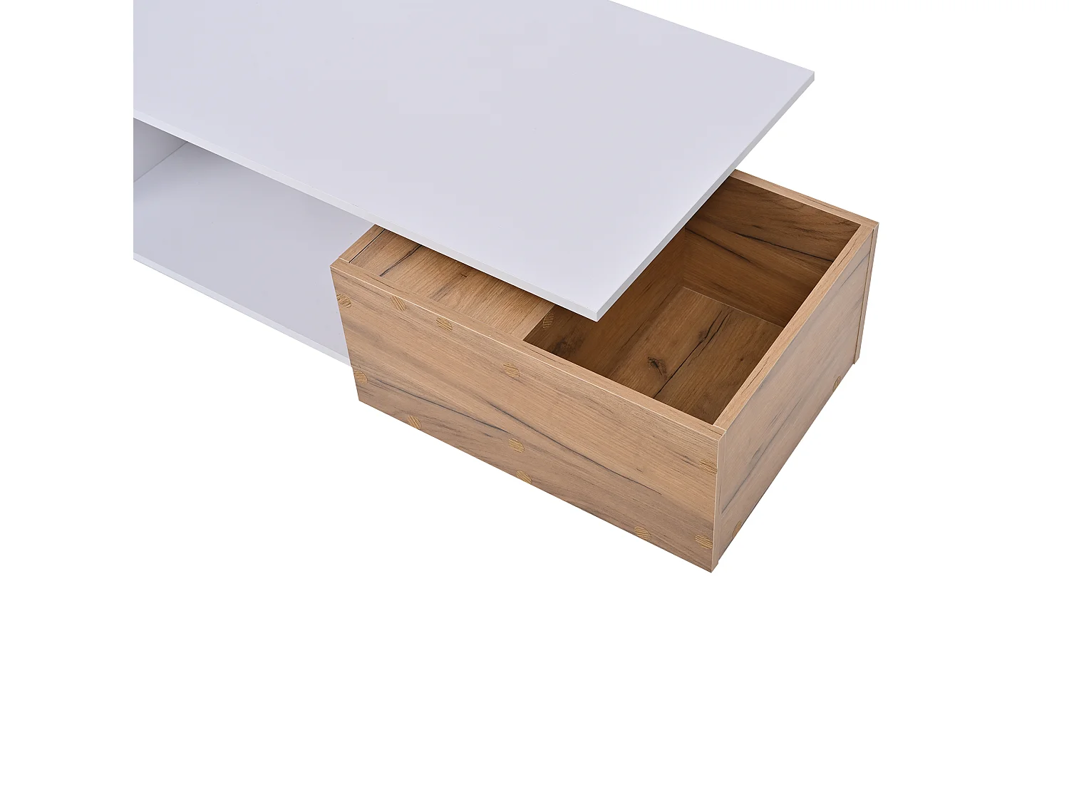 Table basse avec tiroir pivotant- Plateau finition brillante - Blanc et bois