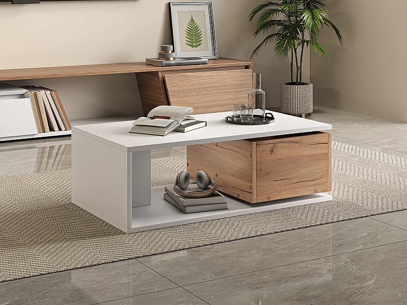 Table basse avec tiroir pivotant- Plateau finition brillante - Blanc et bois