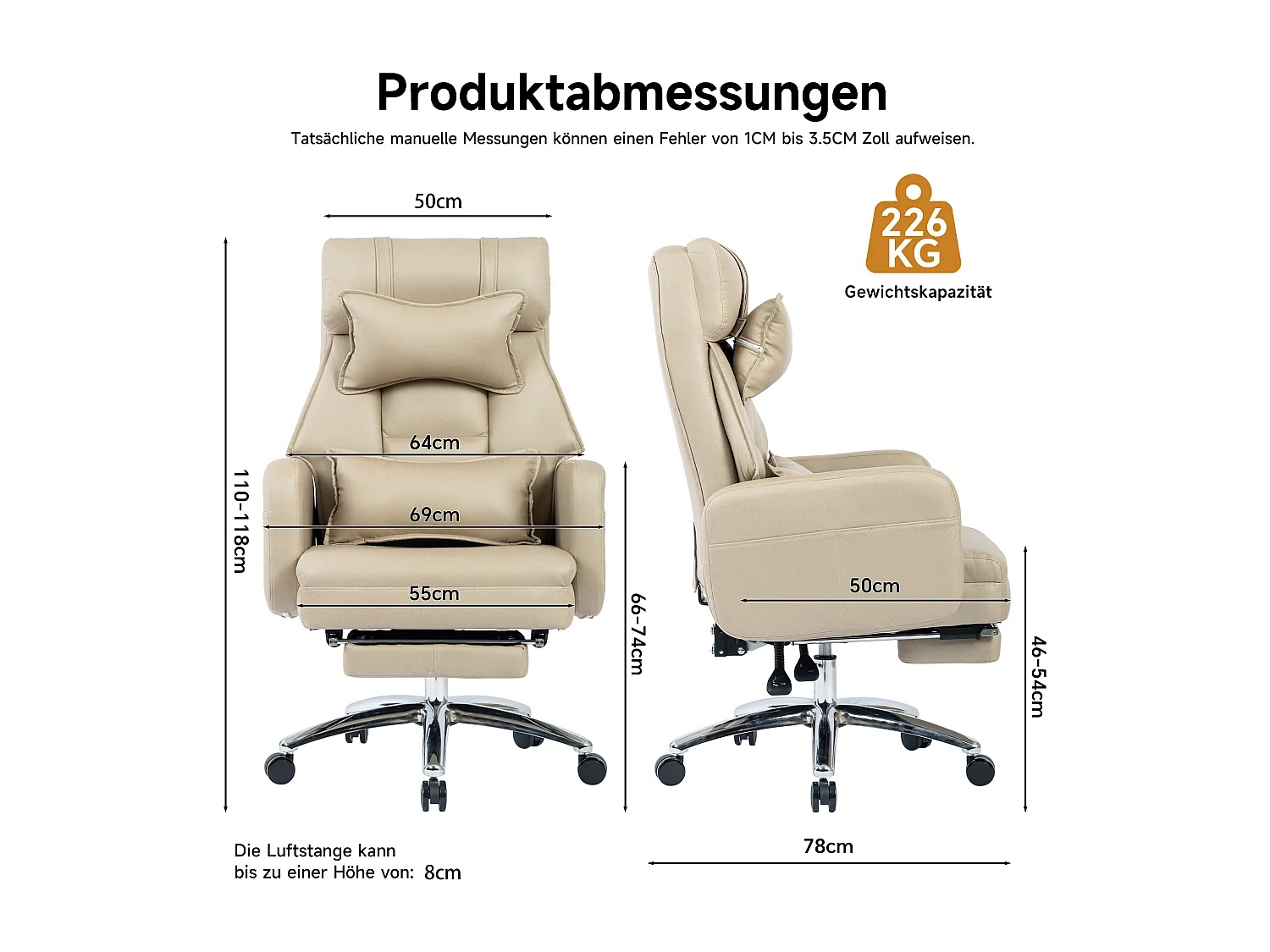 In hoogte verstelbare draaibare bureaustoel - 155° kantelhoek - Technisch leer - Beige