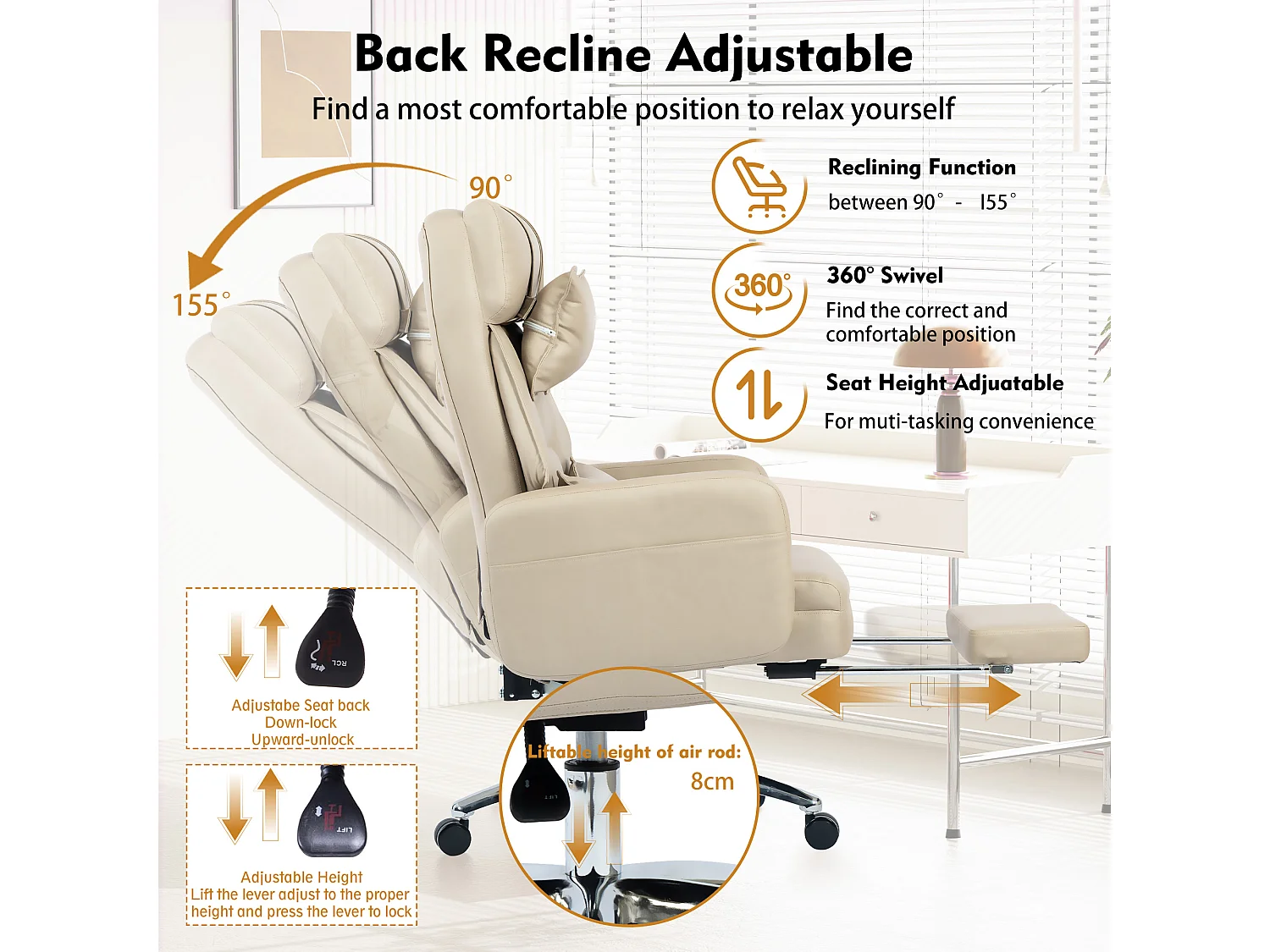 In hoogte verstelbare draaibare bureaustoel - 155° kantelhoek - Technisch leer - Beige