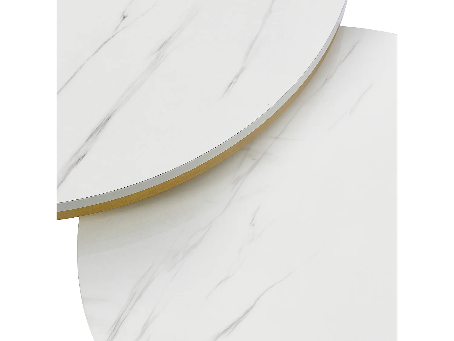 Table basse gigogne ronde avec tiroir - Motif marbre brillant - Blanc et doré