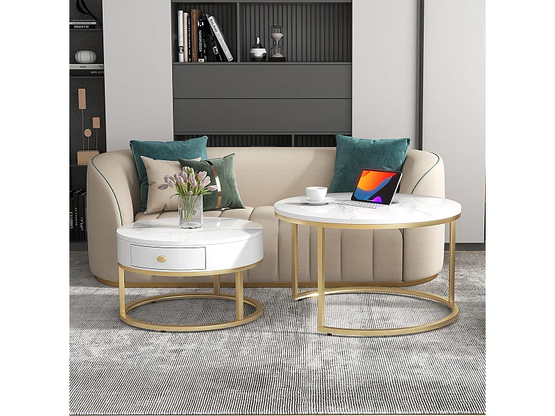 Table basse gigogne ronde avec tiroir - Motif marbre brillant - Blanc et doré