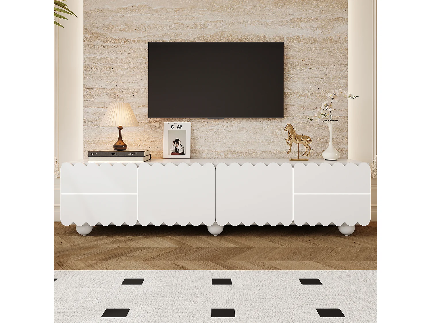 Meuble TV avec 4 tiroirs et 2 portes - Blanc 175 x 38 x 37 cm