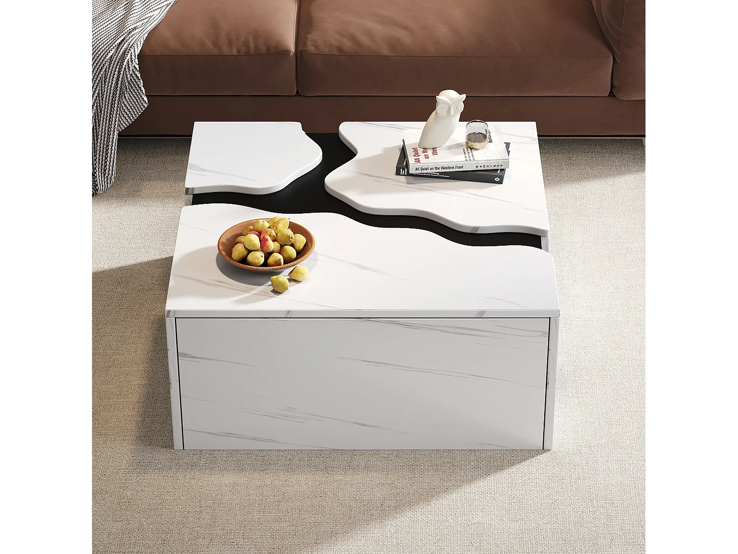 Moderner Couchtisch 70x70x31 cm - mit 1 Schublade - Marmorfurnier - Spanplatten - Weiß