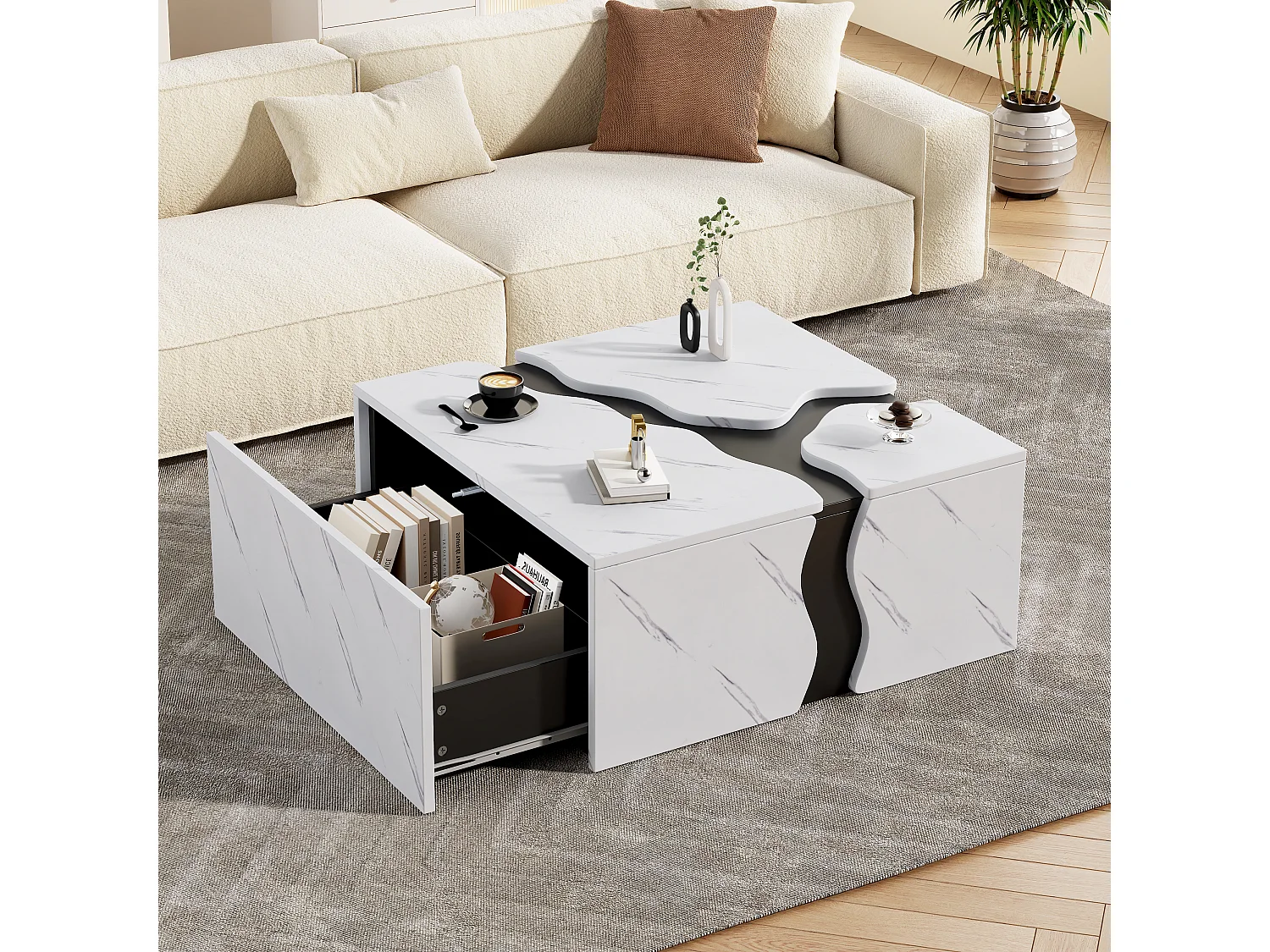 Moderner Couchtisch 70x70x31 cm - mit 1 Schublade - Marmorfurnier - Spanplatten - Weiß