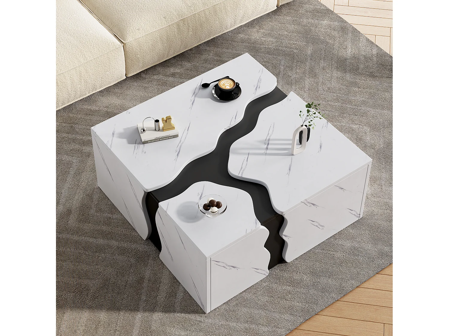 Moderner Couchtisch 70x70x31 cm - mit 1 Schublade - Marmorfurnier - Spanplatten - Weiß