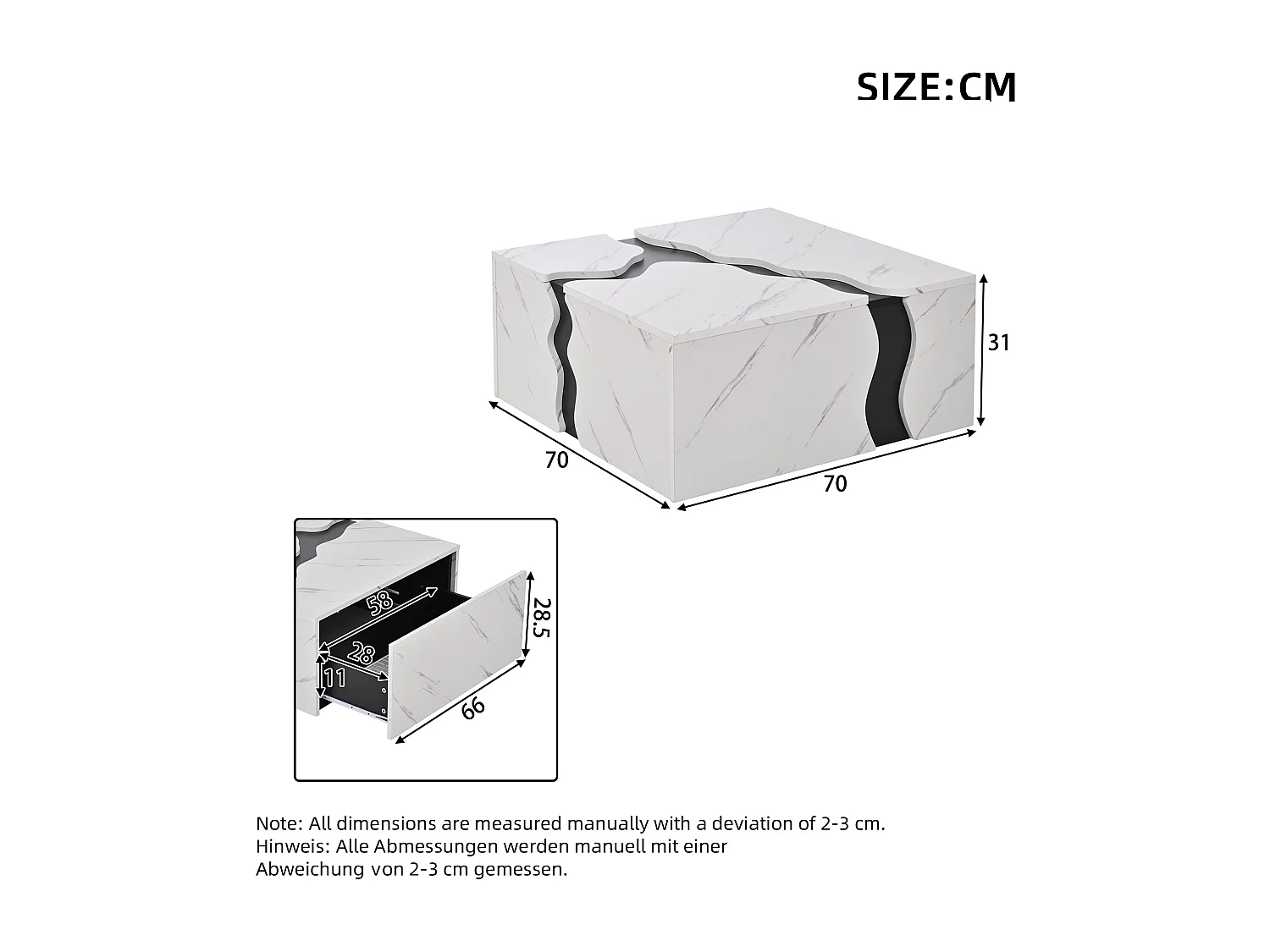 Moderner Couchtisch 70x70x31 cm - mit 1 Schublade - Marmorfurnier - Spanplatten - Weiß
