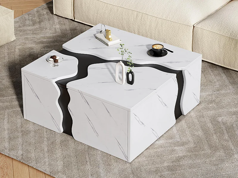 Moderner Couchtisch 70x70x31 cm - mit 1 Schublade - Marmorfurnier - Spanplatten - Weiß