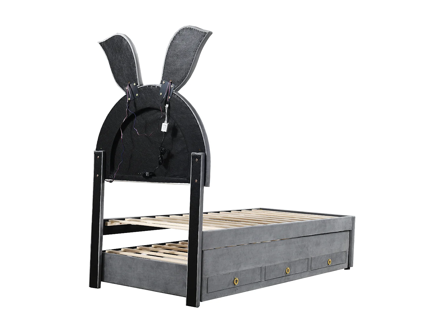 Kinderbed 90 x 200 cm in fluweel - Met uitschuifbed 90 x 190 cm, ledverlichting en 3 lades - Grijs