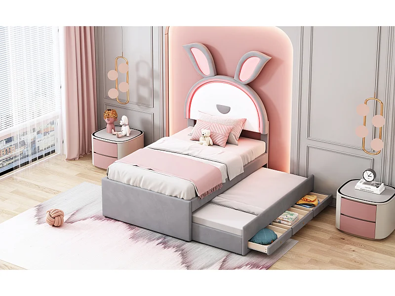 Lit enfant 90 x 200 cm en velours - Avec lit gigogne 90x190cm , LED et 3 tiroirs - Gris