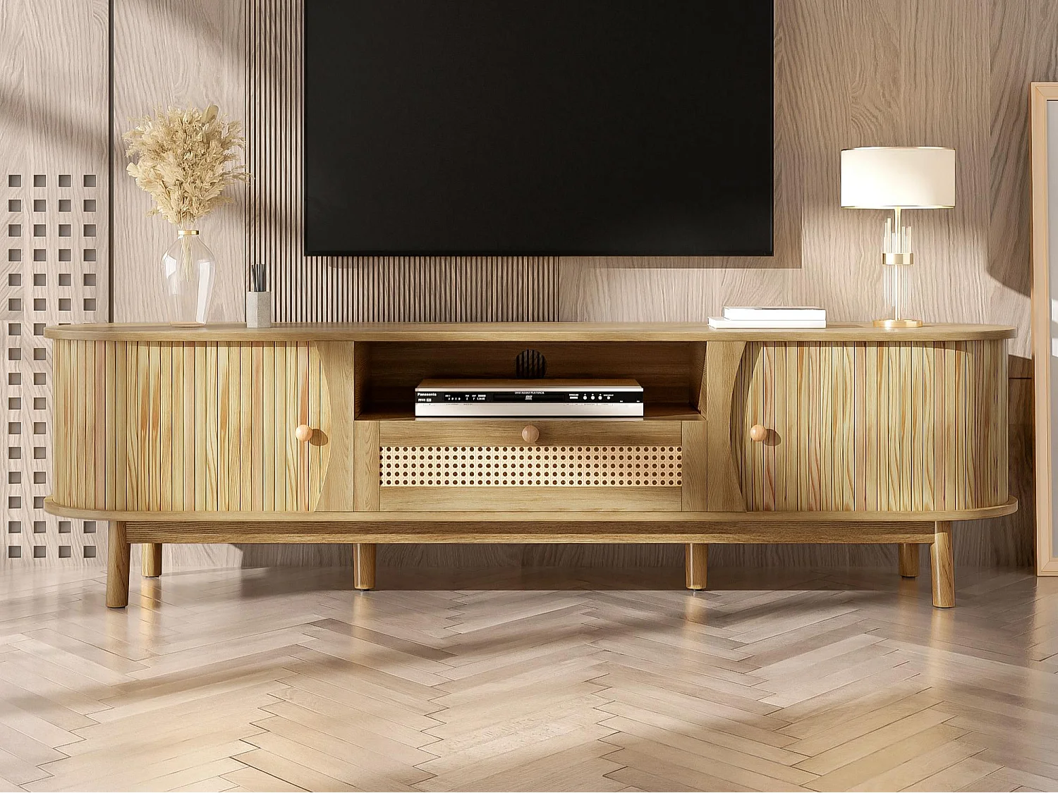 TV-Schrank aus Rattan 165x37x46 cm - 2 Türen und 1 Schublade aus Rattan - Landhausstil - MDF - Natur