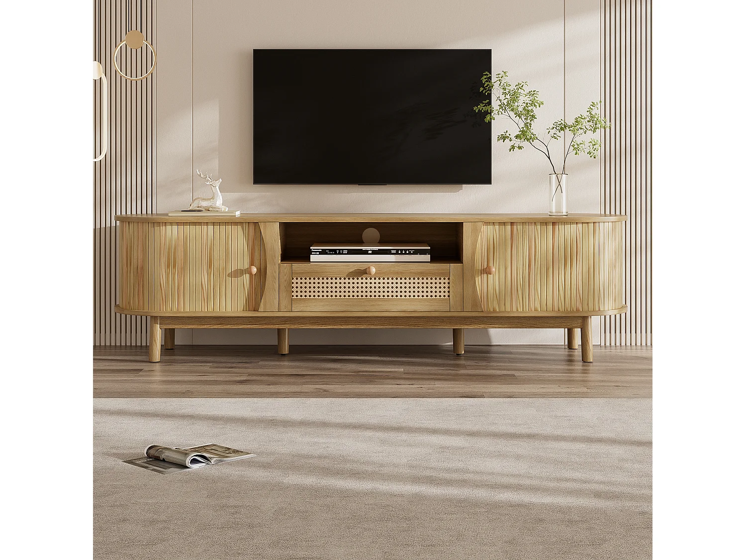 TV-Schrank aus Rattan 165x37x46 cm - 2 Türen und 1 Schublade aus Rattan - Landhausstil - MDF - Natur