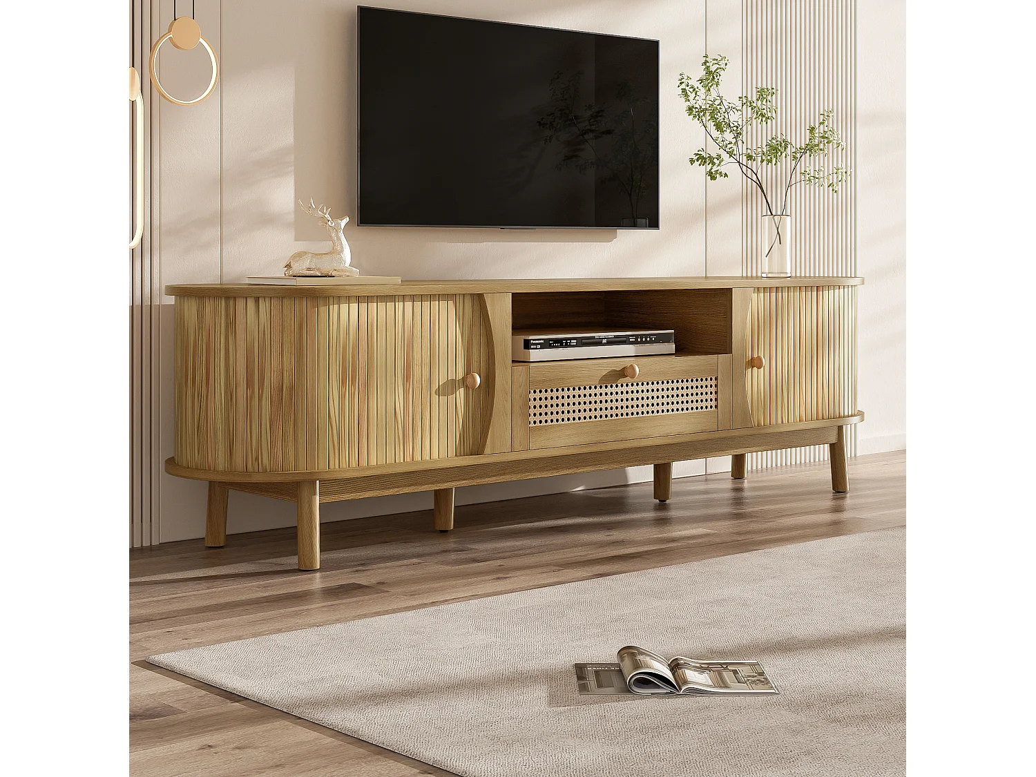 TV-Schrank aus Rattan 165x37x46 cm - 2 Türen und 1 Schublade aus Rattan - Landhausstil - MDF - Natur