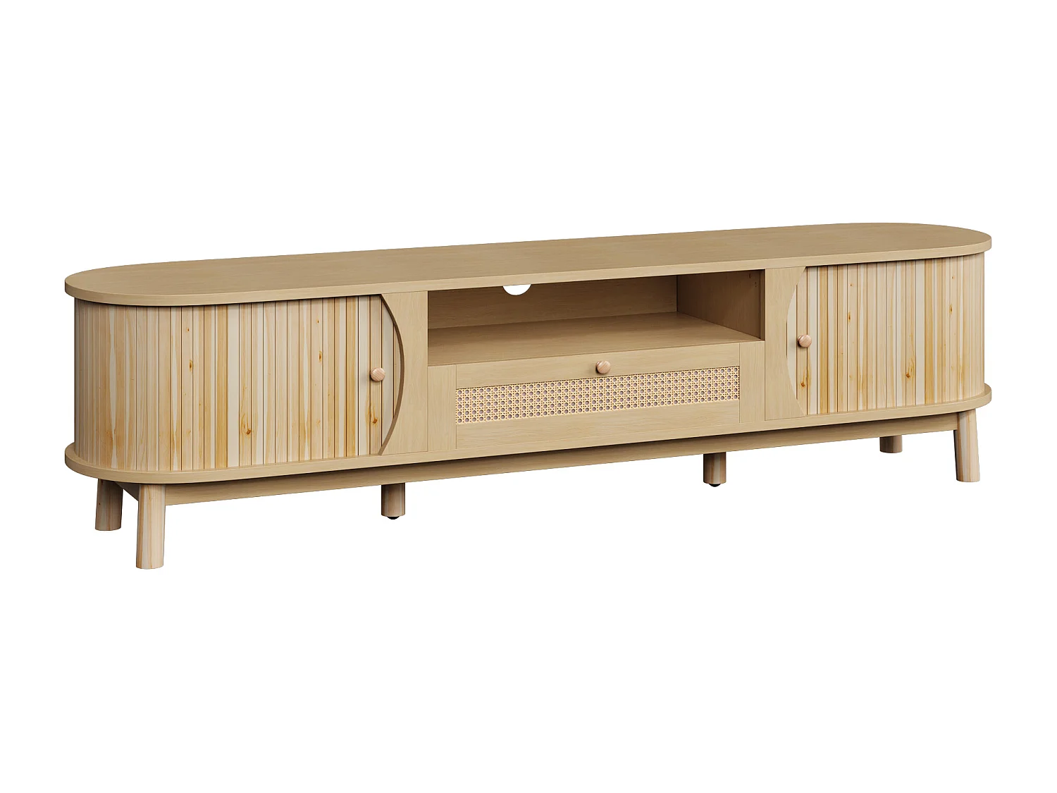TV-Schrank aus Rattan 165x37x46 cm - 2 Türen und 1 Schublade aus Rattan - Landhausstil - MDF - Natur
