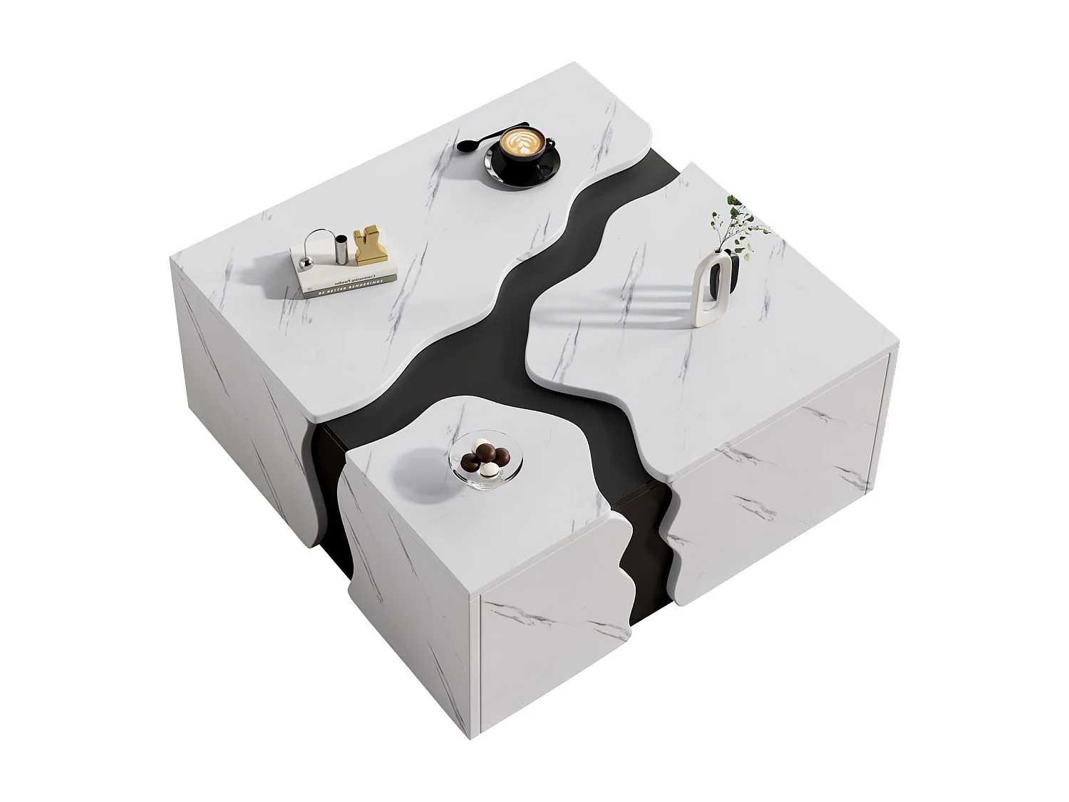 Table basse, table d'appoint avec tiroirs - placage marbre - 70 x 70 x 31 cm