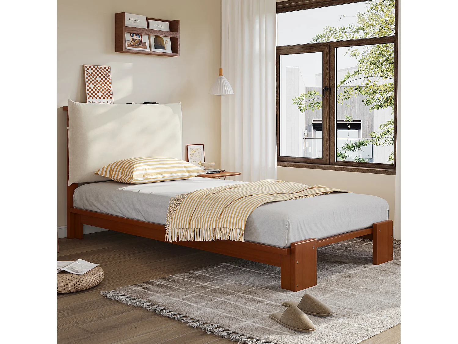 Lit capitonné pour enfant - 90 x 200 cm - avec tête de lit + sommier à lattes - pin + contreplaqué - marron foncé