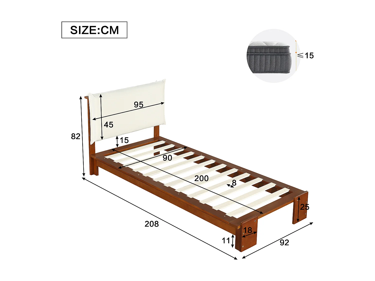 Lit capitonné pour enfant - 90 x 200 cm - avec tête de lit + sommier à lattes - pin + contreplaqué - marron foncé