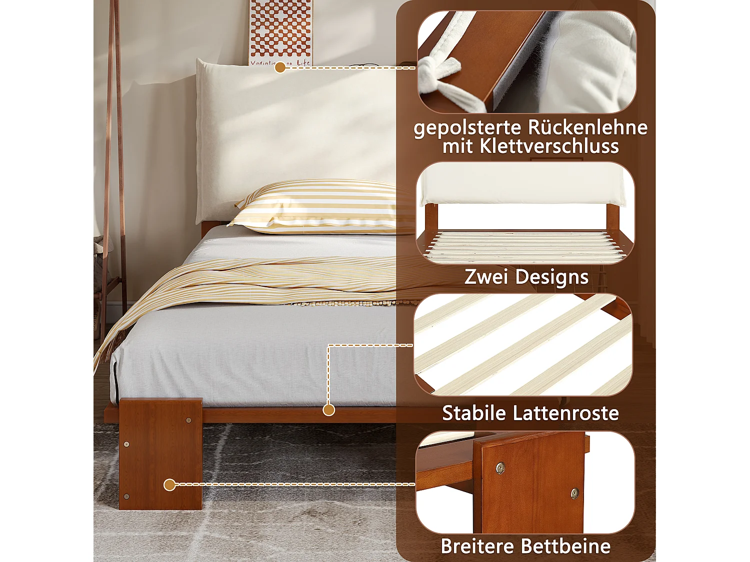 Lit capitonné pour enfant - 90 x 200 cm - avec tête de lit + sommier à lattes - pin + contreplaqué - marron foncé