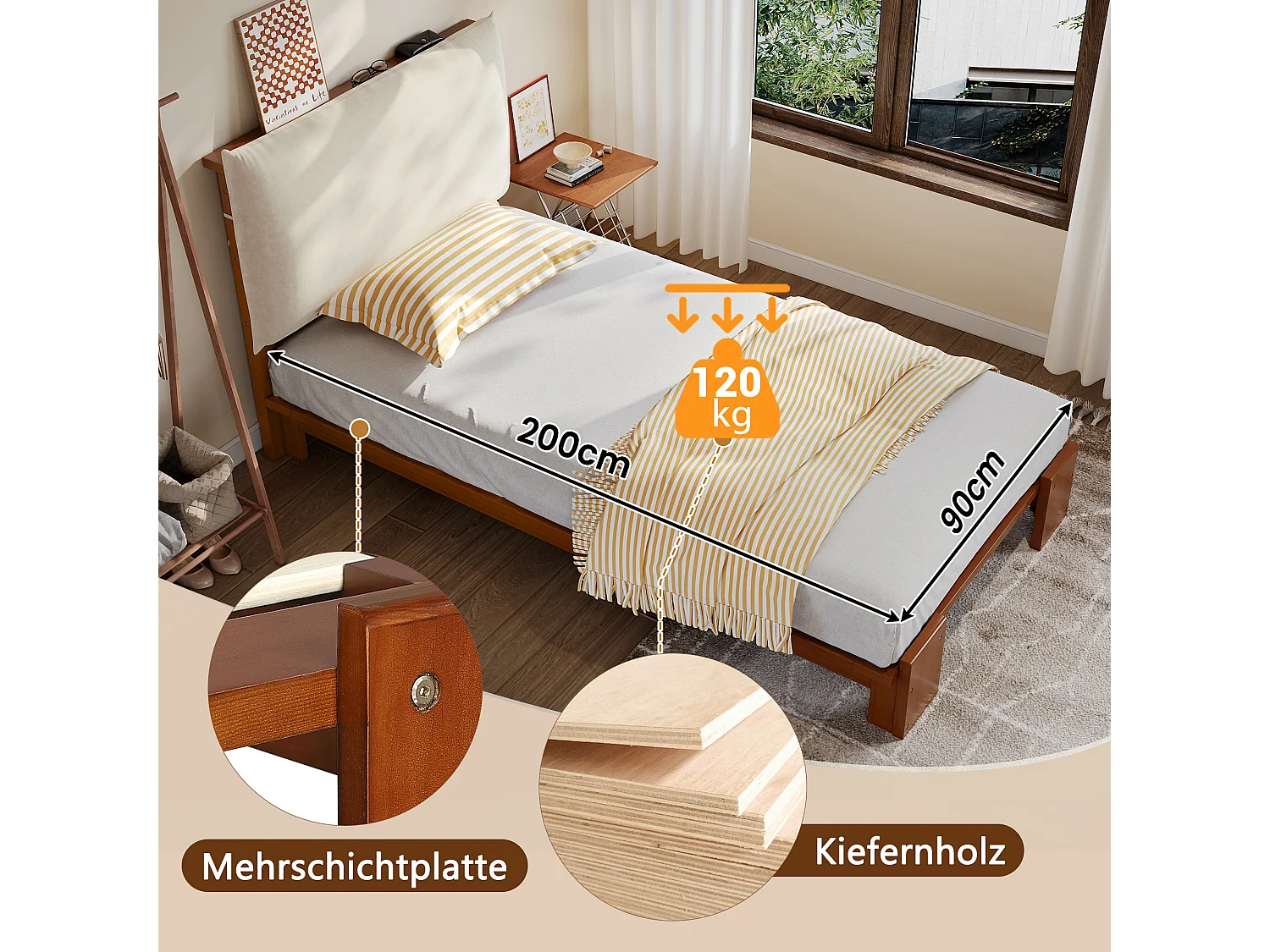 Lit capitonné pour enfant - 90 x 200 cm - avec tête de lit + sommier à lattes - pin + contreplaqué - marron foncé