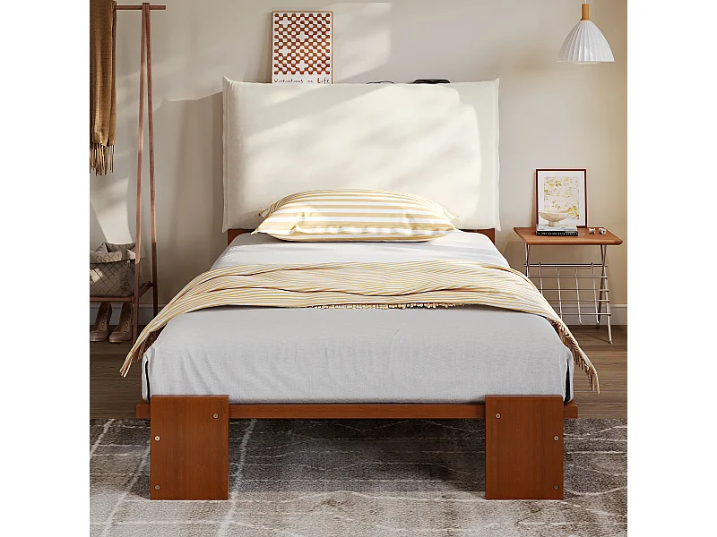 Lit capitonné pour enfant - 90 x 200 cm - avec tête de lit + sommier à lattes - pin + contreplaqué - marron foncé