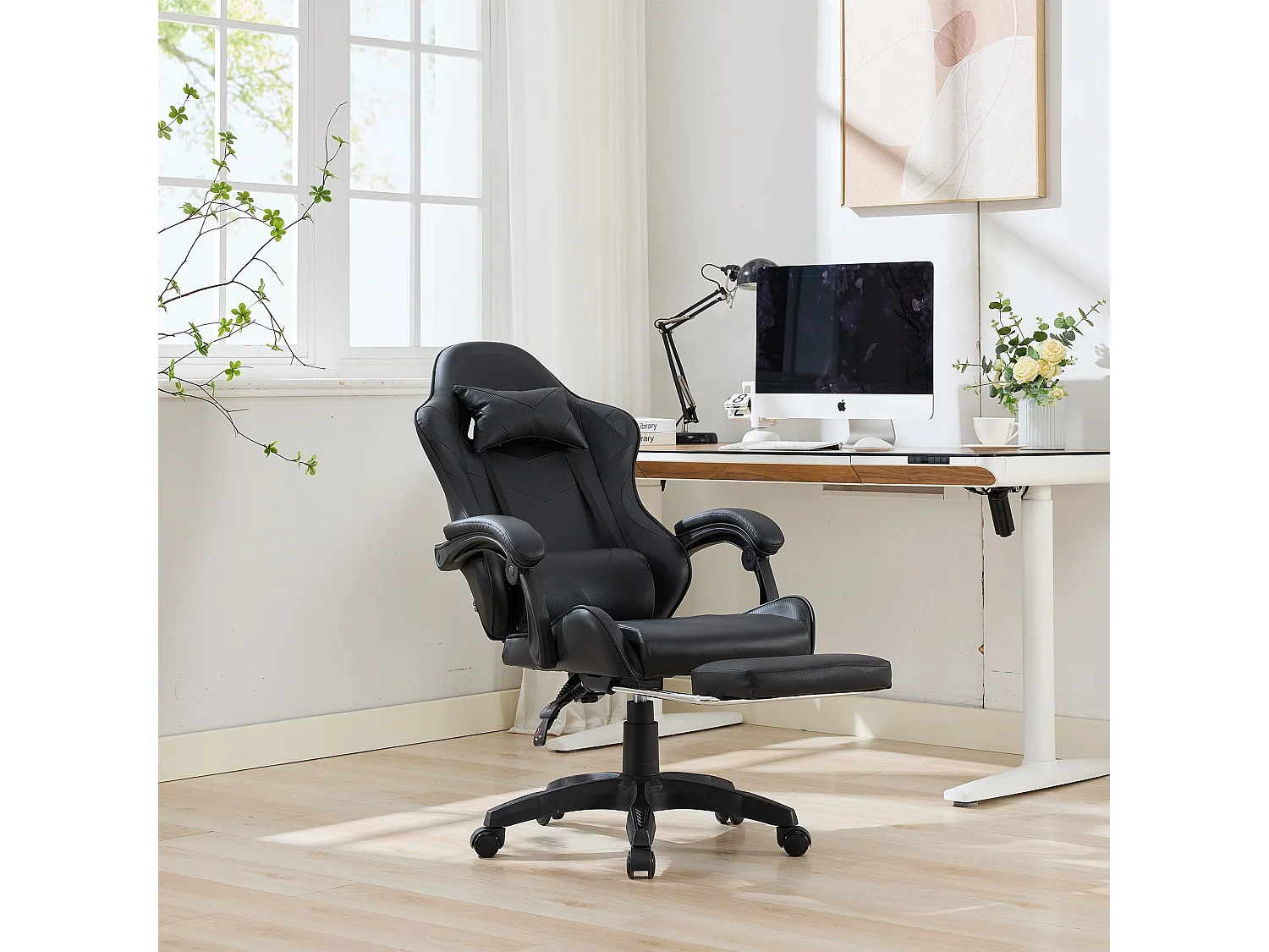 Fauteuil de bureau pivotant Massant en similicuir - Réglable en hauteur -Noir
