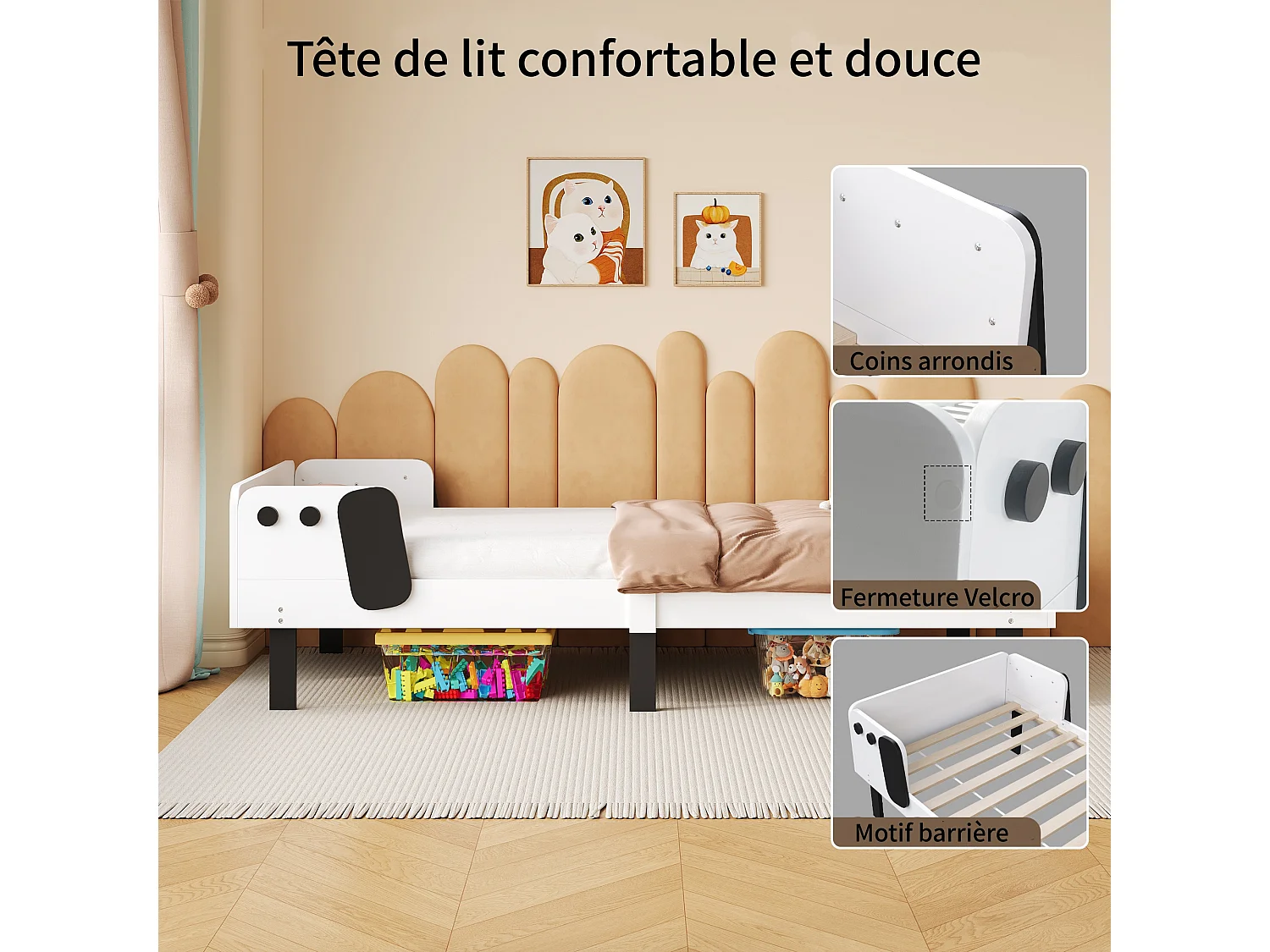 Lit enfant 90x200 cm en pin massif,lit simple avec motif chiot et sommier à lattes
