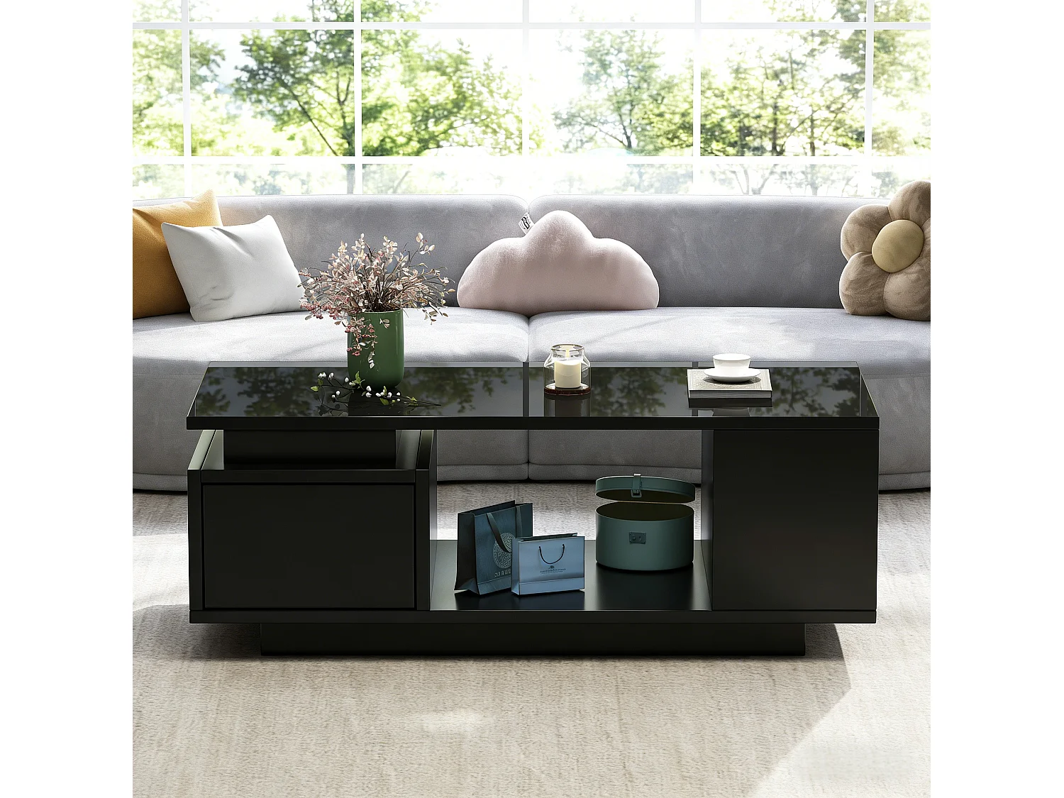 Table basse laquée - 100 x 50 x 36 cm - avec tiroir + Leds + 4 compartiments de rangement - aggloméré - noir