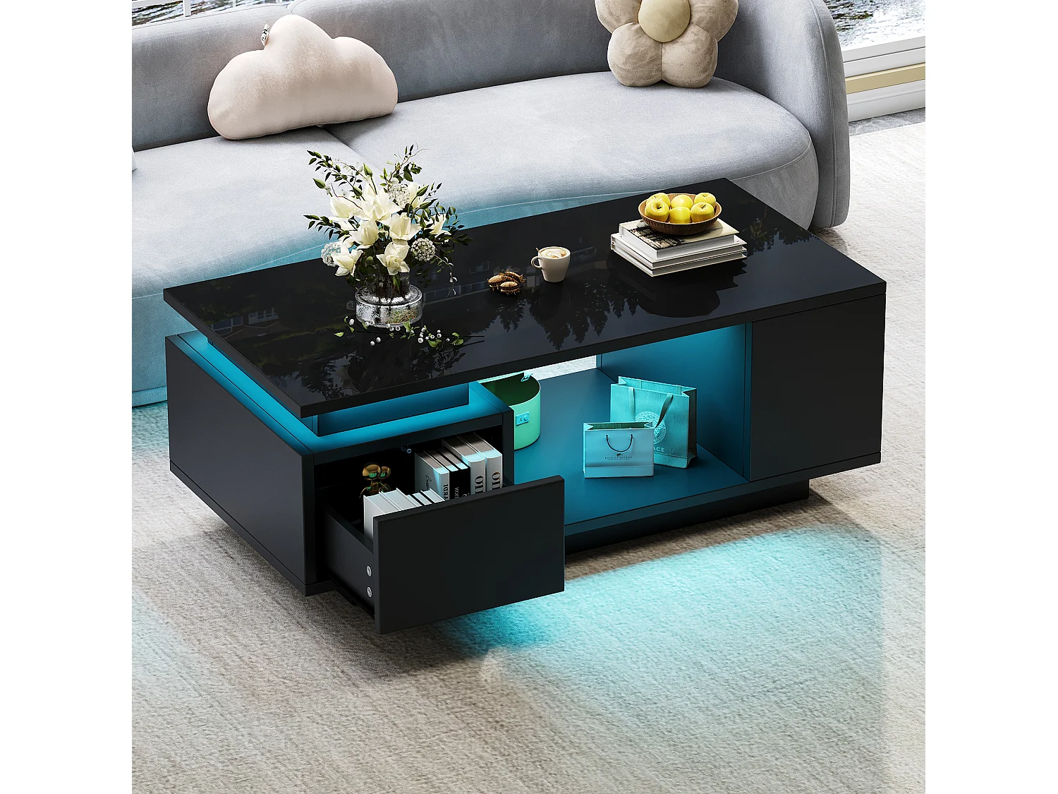 Table basse laquée - 100 x 50 x 36 cm - avec tiroir + Leds + 4 compartiments de rangement - aggloméré - noir