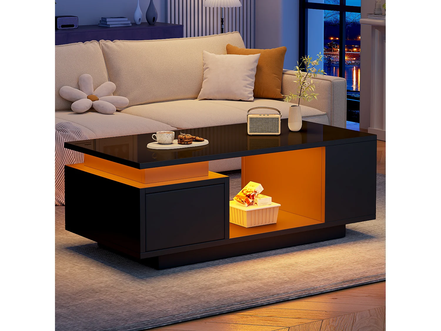 Table basse laquée - 100 x 50 x 36 cm - avec tiroir + Leds + 4 compartiments de rangement - aggloméré - noir