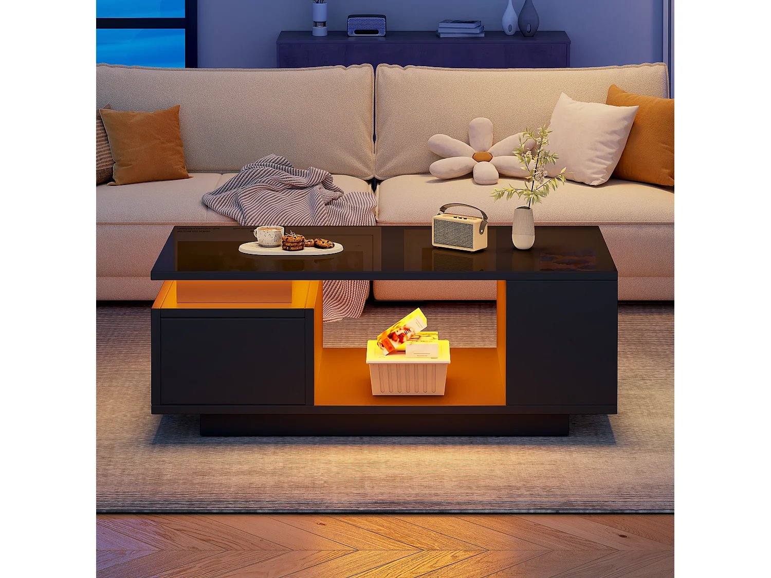 Table basse laquée - 100 x 50 x 36 cm - avec tiroir + Leds + 4 compartiments de rangement - aggloméré - noir