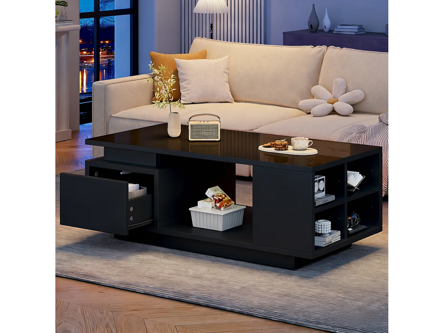 Table basse laquée - 100 x 50 x 36 cm - avec tiroir + Leds + 4 compartiments de rangement - aggloméré - noir