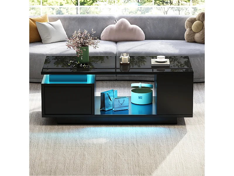 Table basse laquée - 100 x 50 x 36 cm - avec tiroir + Leds + 4 compartiments de rangement - aggloméré - noir