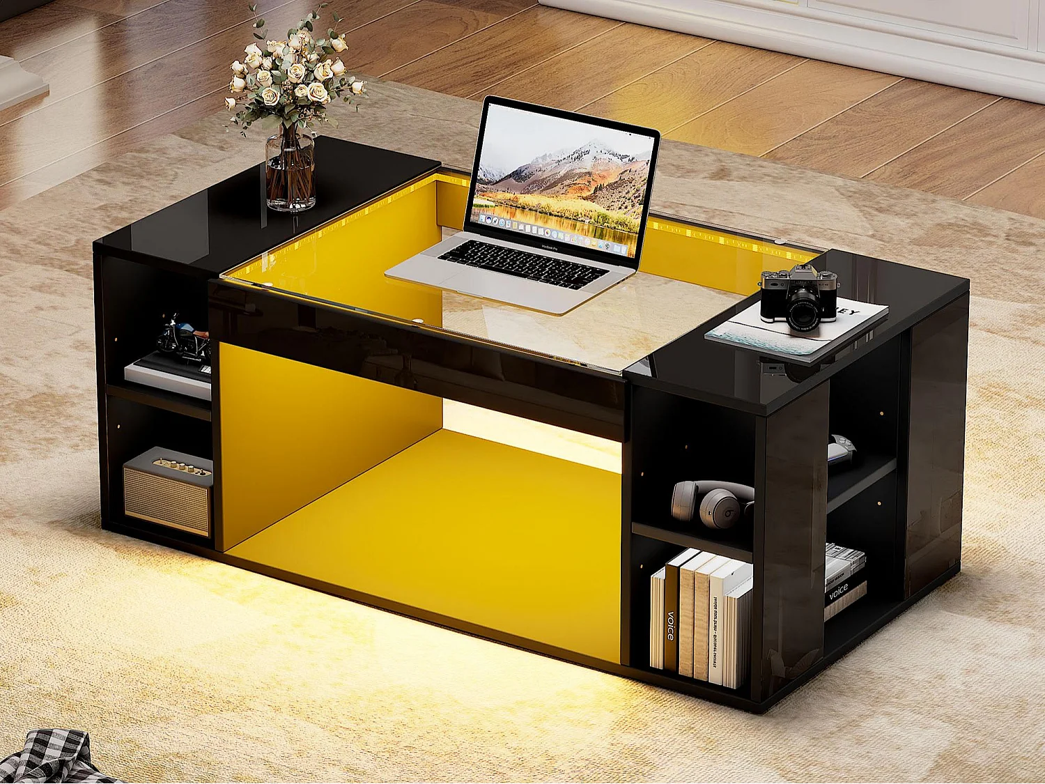 Glänzender Couchtisch 100x50x40cm - mit LED-Beleuchtung - Offene Ablage - Platte aus gehärtetem Glas - MDF - Schwarz