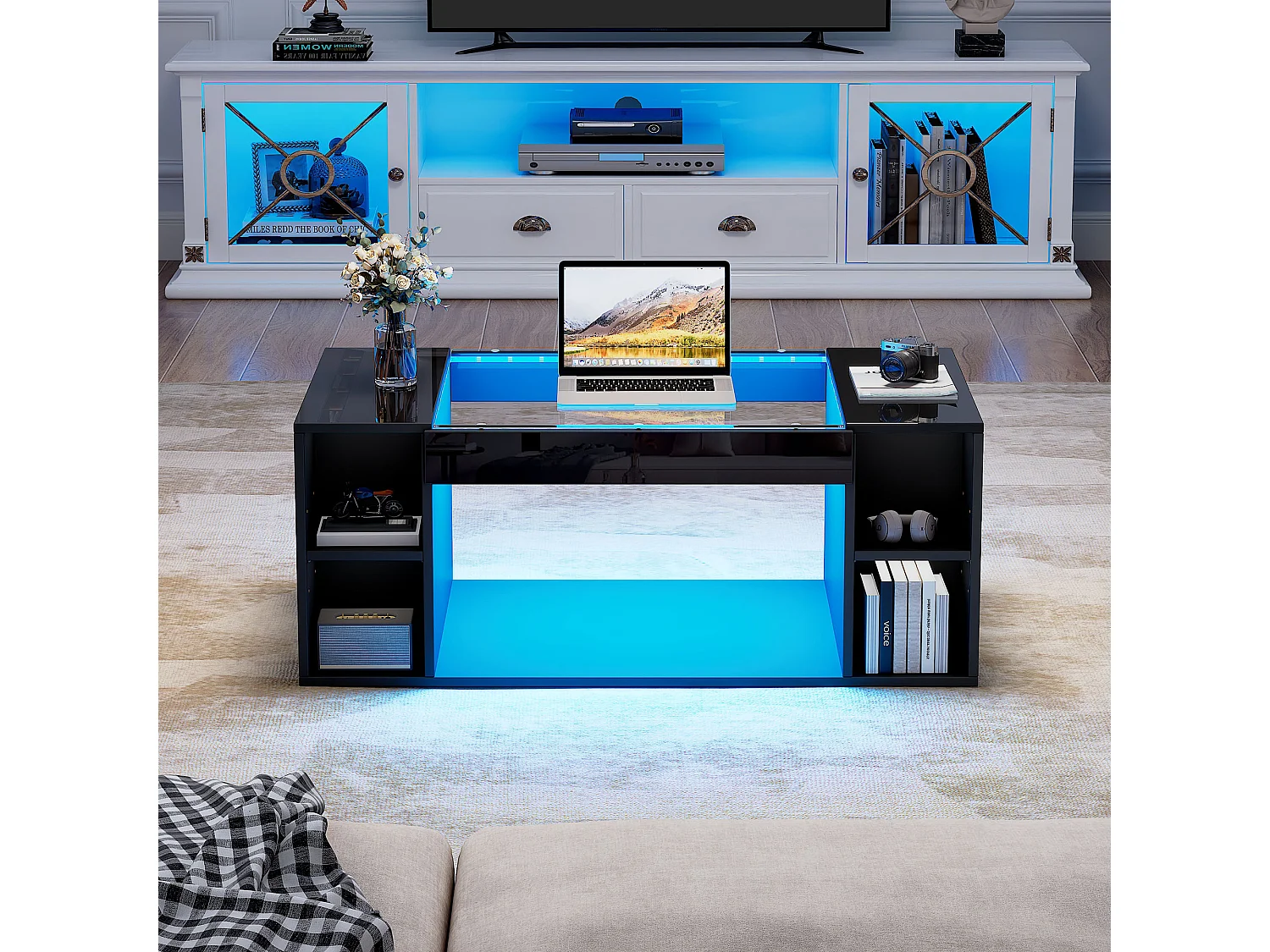 Glänzender Couchtisch 100x50x40cm - mit LED-Beleuchtung - Offene Ablage - Platte aus gehärtetem Glas - MDF - Schwarz